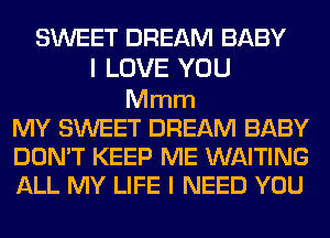 SWEET DREAM BABY

I LOVE YOU

Mmm
MY SWEET DREAM BABY
DON'T KEEP ME WAITING
ALL MY LIFE I NEED YOU