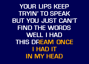 YOUR LIPS KEEP
TRYIN' TO SPEAK
BUT YOU JUST CAN'T
FIND THE WORDS
WELL I HAD
THIS DREAM ONCE
I HAD IT
IN MY HEAD