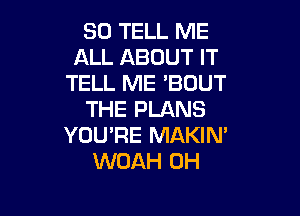 SO TELL ME
ALL ABOUT IT
TELL ME BOUT

THE PLANS
YOU'RE MAKIM
WOAH 0H