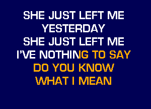 SHE JUST LEFT ME
YESTERDAY
SHE JUST LEFT ME
I'VE NOTHING TO SAY
DO YOU KNOW
WHAT I MEAN