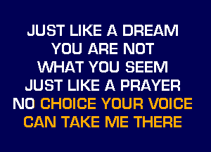 JUST LIKE A DREAM
YOU ARE NOT
WHAT YOU SEEM
JUST LIKE A PRAYER
N0 CHOICE YOUR VOICE
CAN TAKE ME THERE