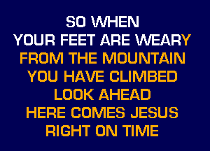 SO WHEN
YOUR FEET ARE WEARY
FROM THE MOUNTAIN
YOU HAVE CLIMBED
LOOK AHEAD
HERE COMES JESUS
RIGHT ON TIME