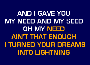 AND I GAVE YOU
MY NEED AND MY SEED
OH MY NEED
AIN'T THAT ENOUGH
I TURNED YOUR DREAMS
INTO LIGHTNING