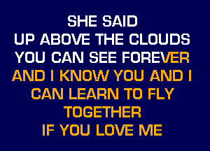 SHE SAID
UP ABOVE THE CLOUDS
YOU CAN SEE FOREVER
AND I KNOW YOU AND I
CAN LEARN TO FLY
TOGETHER
IF YOU LOVE ME