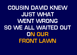 COUSIN Dl-W'lD KNEW
JUST WHAT
WENT WRONG
SO WE ALL WAITED OUT
ON OUR
FRONT LAWN