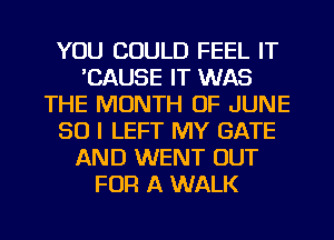 YOU COULD FEEL IT
'CAUSE IT WAS
THE MONTH OF JUNE
50 I LEFT MY GATE
AND WENT OUT
FOR A WALK