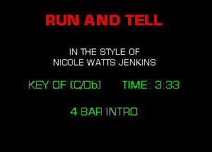RUN AND TELL

IN THE STYLE OF
NICOLE WATTS JENKINS

KEY OF ECbeJ TIME 3 (33

4 BAR INTRO

g
