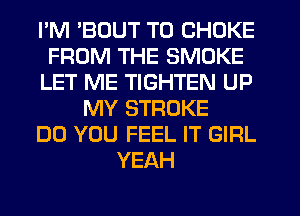 I'M 'BOUT T0 CHOKE
FROM THE SMOKE
LET ME TIGHTEN UP
MY STROKE
DO YOU FEEL IT GIRL
YEAH