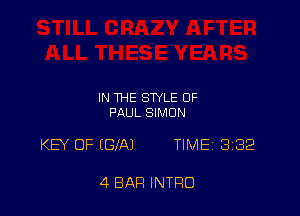 IN THE STYLE 0F
PAUL SIMON

KEY OF (GIAJ TIMEi 332

4 BAR INTRO