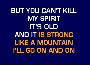 BUT YOU CANT KILL
MY SPIRIT
ITS OLD
AND IT IS STRONG
LIKE A MOUNTAIN
I'LL GO ON AND ON