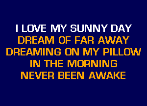 I LOVE MY SUNNY DAY
DREAM OF FAR AWAY
DREAMING ON MY PILLOW
IN THE MORNING
NEVER BEEN AWAKE