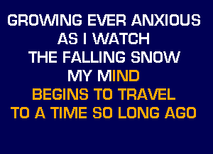 GROWING EVER ANXIOUS
AS I WATCH
THE FALLING SNOW
MY MIND
BEGINS TO TRAVEL
TO A TIME SO LONG AGO