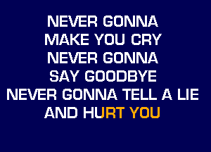 NEVER GONNA

MAKE YOU CRY

NEVER GONNA

SAY GOODBYE
NEVER GONNA TELL A LIE

AND HURT YOU