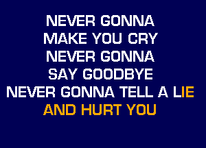 NEVER GONNA

MAKE YOU CRY

NEVER GONNA

SAY GOODBYE
NEVER GONNA TELL A LIE

AND HURT YOU