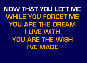 NOW THAT YOU LEFT ME
WHILE YOU FORGET ME
YOU ARE THE DREAM
I LIVE WITH
YOU ARE THE WISH
I'VE MADE