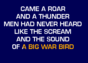CAME A ROAR
AND A THUNDER
MEN HAD NEVER HEARD
LIKE THE SCREAM
AND THE SOUND
OF A BIG WAR BIRD
