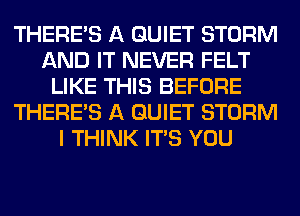 THERE'S A QUIET STORM
AND IT NEVER FELT
LIKE THIS BEFORE
THERE'S A QUIET STORM
I THINK ITS YOU