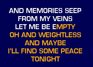 AND MEMORIES SEEP
FROM MY VEINS
LET ME BE EMPTY
0H AND WEIGHTLESS
AND MAYBE
I'LL FIND SOME PEACE
TONIGHT