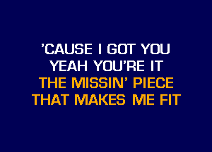 'CAUSE I GOT YOU
YEAH YOURE IT
THE MISSIM PIECE
THAT MAKES ME FIT