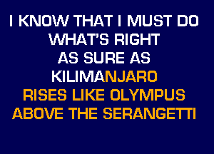 I KNOW THAT I MUST DO
WHATS RIGHT
AS SURE AS
KILIMANJARO
RISES LIKE OLYMPUS
ABOVE THE SERANGETI'I