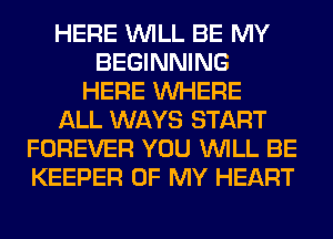 HERE WILL BE MY
BEGINNING
HERE WHERE
ALL WAYS START
FOREVER YOU WILL BE
KEEPER OF MY HEART