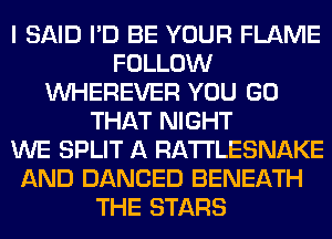I SAID I'D BE YOUR FLAME
FOLLOW
VVHEREVER YOU GO
THAT NIGHT
WE SPLIT A RA'I'I'LESNAKE
AND DANCED BENEATH
THE STARS