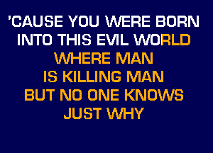 'CAUSE YOU WERE BORN
INTO THIS EVIL WORLD
WHERE MAN
IS KILLING MAN
BUT NO ONE KNOWS
JUST WHY