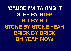 'CAUSE I'M TAKING IT
STEP BY STEP
BIT BY BIT
STONE BY STONE YEAH
BRICK BY BRICK
OH YEAH NOW