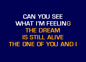 CAN YOU SEE
WHAT I'M FEELING
THE DREAM
IS STILL ALIVE
THE ONE OF YOU AND I