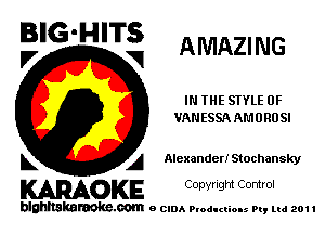 BIG'HITS

V VI AMAZING
IN THE SIYLE 0F
VANESSA AMURU SI
L A Alexander! Stochansky

WOKE C opyr Igm Control

blghnskaraokc.com o CIDA P'oducliOIs m, ml 201 I