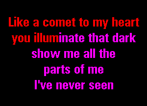 Like a comet to my heart
you illuminate that dark
show me all the
parts of me
I've never seen