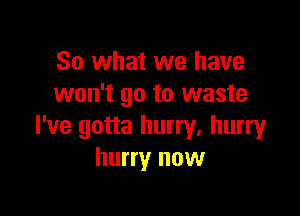 So what we have
won't go to waste

I've gotta hurry, hurry
hurry now