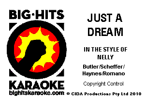 BIG-HITS JUSTA
'7 V DREAM

IN THE STYLE 0F
NELLY

ButlerlSchefferI
L A Haynesmnmano

KARAOKE Copwlgm Control

blghnskaraokc.com o CIDA P'oducliOIs m, mi 2010