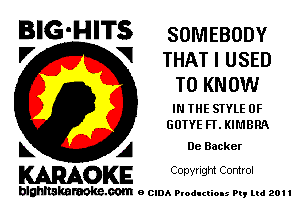 BIG-HITS SOMEBODY

'7 V THAT I USED
TO KNOW
IN THE STYLE 0F
GOIYE FI. KIL'IBRA
L A De Backer

WOKE C opyr Igm Control

blghnskaraokc.com o CIDA P'oducliOIs m, ml 201 I