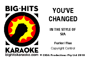 V V CHANGED

IN THE STYLE 0F
SIA

Furler! Flax

A
KARAOKE CODYright Control

bighitskaraokecom e CIDA Productions Pt, mi 2010