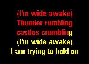 (I'm wide awake)
Thunder rumbling
castles crumbling
(I'm wide awake)

I am trying to hold on I