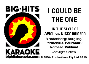 B'G'HITS ICOULD BE
'7 V THEONE

IN THE SIYLE 0F
AVICII vs. NICKY RUMERU
Vredenberg! Berglingi

L A Parmenius! Pournouri!
Romeron'flklund

KARAOKE Copyngm Control

blghnskaraokc.com o CIDA P'oducliOIs m, mi 2013