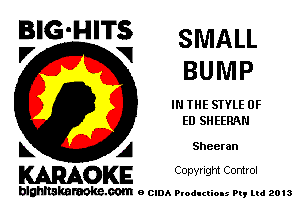 BIG'HITS SMALL

V VI
BU NI P
IN THE STYLE 0F
ED SHEERNI
L A Sheeran

WOKE C opyr Igm Control

blghnskaraokc.com o CIDA P'oducliOIs m, mi 2013