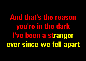 And that's the reason
you're in the dark
I've been a stranger
ever since we fell apart