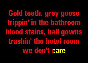 Gold teeth, grey goose
trippin' in the bathroom
blood stains, hall gowns
trashin' the hotel room
we don't care