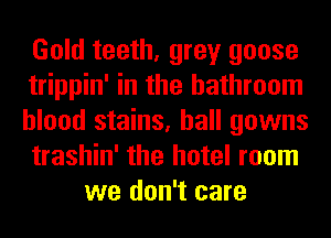 Gold teeth, grey goose
trippin' in the bathroom
blood stains, hall gowns
trashin' the hotel room
we don't care