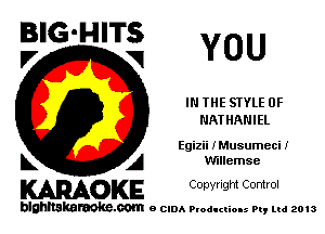 G.
IIgl HITS? YOU

IN THE STYLE 0F
NATHANIEL

Egizii IMusumeci I

L A vmlemse
WOKE Copynght Control

blghnskaraokc.com o CIDA P'oducliOIs m, mi 2013