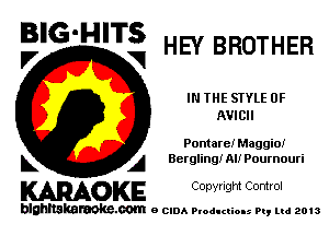 BIG'HITS
l7 V HEY BROTHER

IN THE STYLE 0F
AVICII

Pontare! Maggioi
L A Berglingr Al! Pournouri

WOKE C opyr Igm Control

blghnskaraokc.com o CIDA P'oducliOIs m, mi 2013