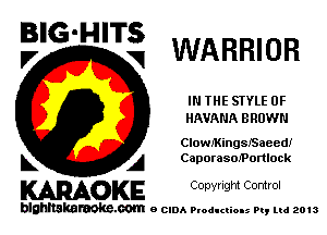 BIG'HITS
V V WARRIOR

IN THE STYLE 0F
HAVANA BROWN

ClowaingsBaeed!
L A CeporasotPonlock

WOKE C opyr Igm Control

blghnskaraokc.com o CIDA P'oducliOIs m, mi 2013