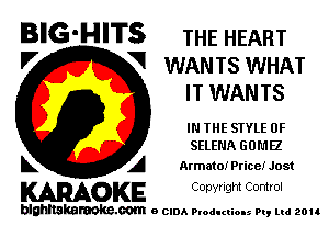 BIG-HITS THE HEART

'7 V WANTS WHAT
IT WAN T8
In IHE STYLE 0F
SELENA GOMEZ

L A Armatol Price! Jost

WOKE C opyr Igm Control

blghnskaraokc.com o CIDA P'oducliOIs m, ud zou