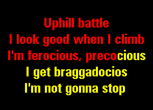 Uphill battle
I look good when I climb
I'm ferocious, precocious
I get hraggadocios
I'm not gonna stop
