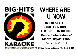 BIG'HITS WHERE ARE
7 V U NOW

IN THE STYLE 0F

SKRILLEX (r DIPLU
FEATJUSTIN BIEBER

Pentzl Bieber! Moorei
L A Moore)r Boyd! Evans

KARAOKE Convngm Comrol

bighitskamokc com o (2le Ploductio-s m, mi 2015