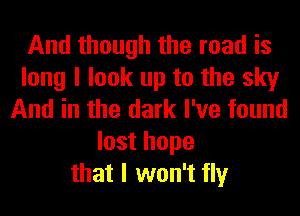 And though the road is
long I look up to the sky
And in the dark I've found
lost hope
that I won't tly