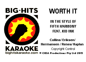 BIG'HITS WORTH IT
V V

IN THE STYLE 0F
FIFTH HARMONY
FEAT.KID INK

A Collins! Eriksen!
Hermansen IRenea! Kaplan

KARAO KE COpvright Control

bighitskaraokecom a cum Productions Pq Ltd 2015