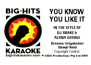 BIG'HITS YOU KNOW
'7 V YOU LIKEIT

IN THE STYLE 0F
DJ SNAKE (r
ALUNA GEORGE

L A Bressoi Grigahcinel
Dewji! Reid

KARAOKE Copyright Control

bighitskamokc com o (2le Ploductio-s m, mi 2015